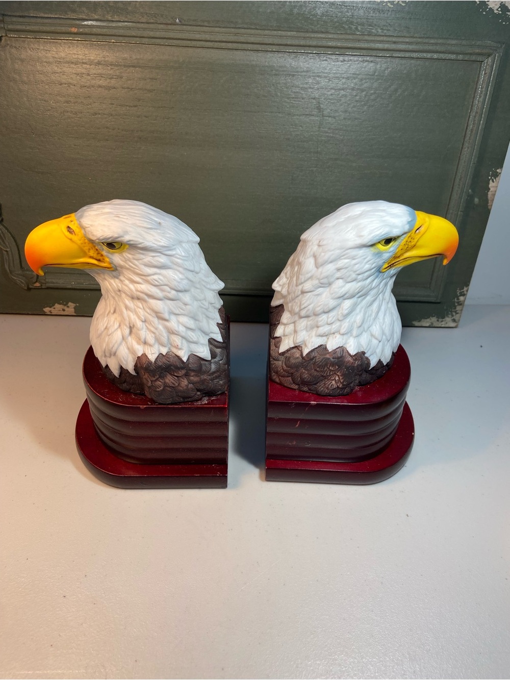 Vintage Decorative Bald Eagle Head Bookends in White and Yellow